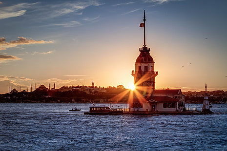 Torre da donzela, Istambul, o sol, raios, pôr do sol, Istambul, Turquia, Bósforo, Sultanahmet, Torre da donzela, o mar Negro, HD papel de parede HD wallpaper