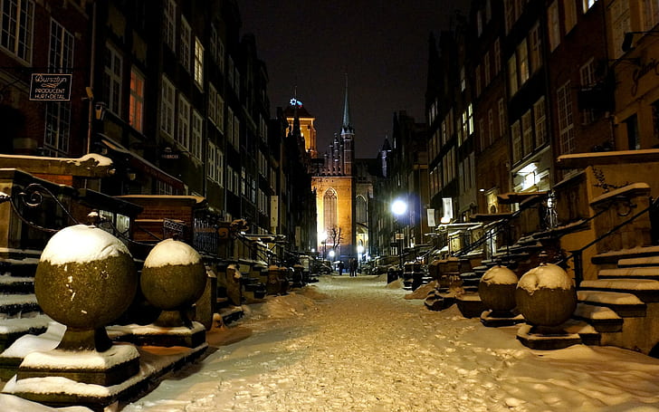 Gdansk, Pologne, nuit, rue, hiver, maison, Pologne, nuit, Gdansk, Fond d'écran HD