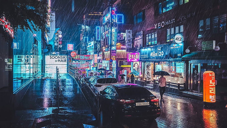 черный седан, черный автомобиль, улица, неон, дождь, отражение, корейский, город, абстрактный, голубой, ночь, зонт, огни города, HD обои