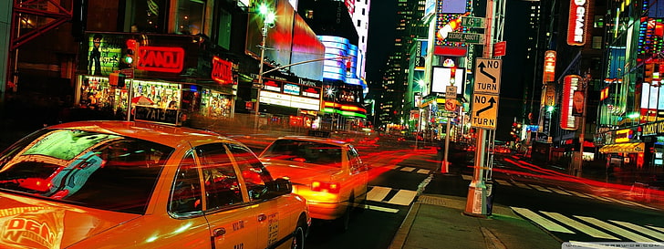 yellow sedan, New York City, Times Square, taxi, city lights, night, HD wallpaper