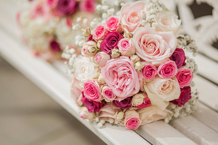Strauß rosa, weißer und roter Rosen, Blumen, Rosen, Strauß, rosa, HD-Hintergrundbild