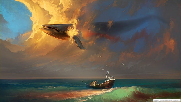 gray whale illustration, whale, boat, clouds, fantasy art, surreal, sea, sky, HD wallpaper
