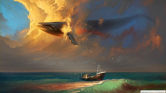 ilustracja szarego wieloryba, wieloryb, łódź, chmury, sztuka fantasy, surrealistyczne, morze, niebo, Tapety HD HD wallpaper