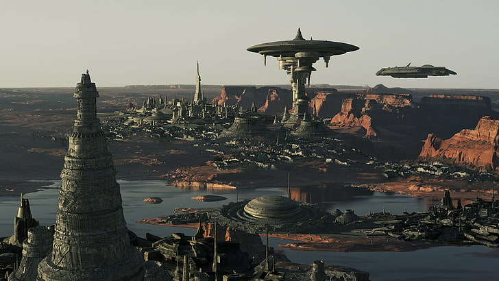 fikcyjna panorama miasta, sztuka cyfrowa, fantasy art, futurystyczny, science fiction, statek kosmiczny, planeta, futurystyczne miasto, skała, góry, woda, 3D, Tapety HD