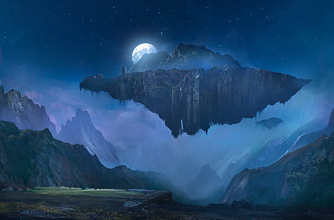 Fantasia, paesaggio, isola galleggiante, luna, montagna, notte, Sfondo HD HD wallpaper