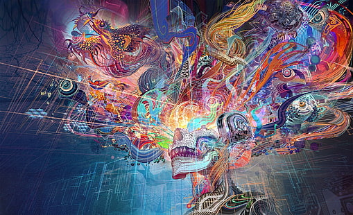 multicolored skull wallpaper, abstract, brain, skeleton, dragon, HD wallpaper HD wallpaper
