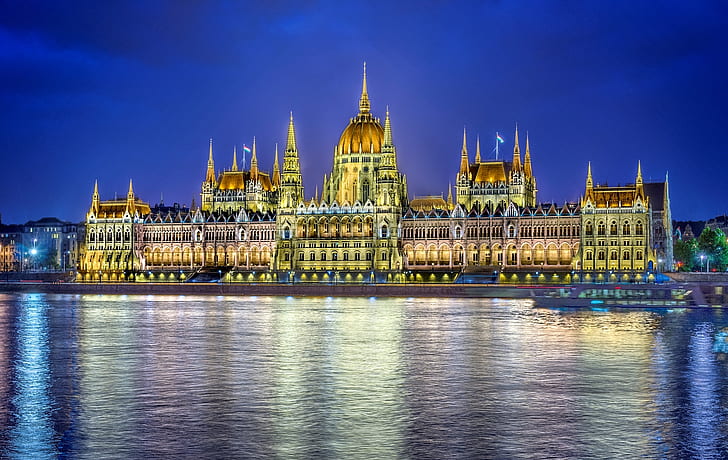 water, night, the city, reflection, river, the building, lighting, Parliament, Hungary, Budapest, The Danube, HD wallpaper