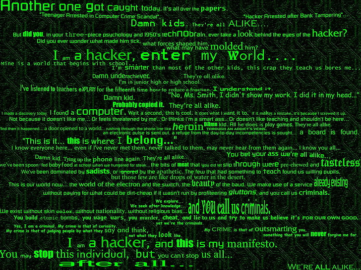 green, hackers, manifesto, text, HD wallpaper
