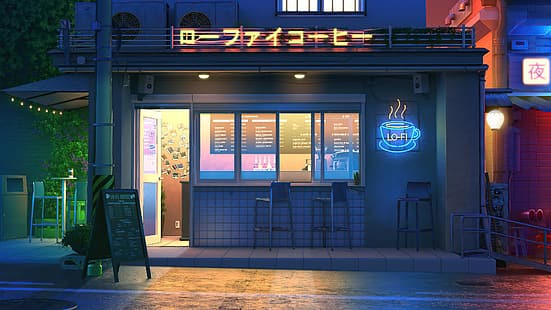 LoFi, neon, kedai kopi, toko, lampu neon, Wallpaper HD HD wallpaper