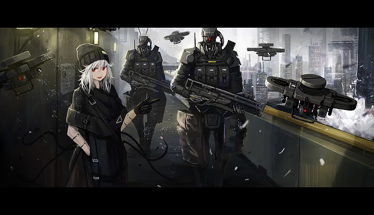 ilustracja gry anime, anime, dziewczyny anime, krótkie włosy, białe włosy, czerwone oczy, broń, pistolet, dron, robot, miasto, Tapety HD