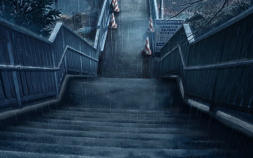 التوضيح الدرج في الهواء الطلق ، أنيمي ، السلالم ، المطر ، الليل ، اليابان، خلفية HD HD wallpaper