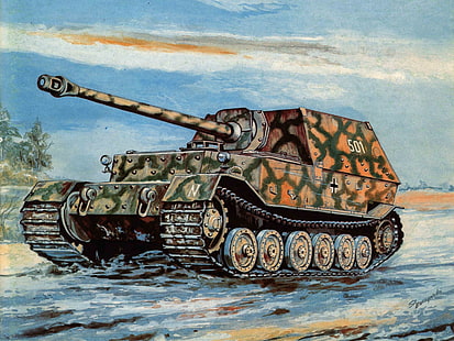 green and brown battle tank painting, road, war, art, installation, Sd.Car.184, Ferdinand, self-propelled artillery, German, heavy, HD wallpaper HD wallpaper