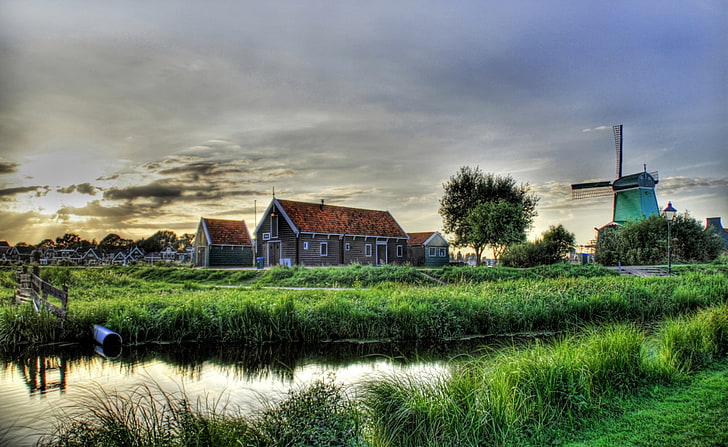 Village Outskirts HDR, gray concrete structure, Europe, Netherlands, Village, Holland, Evening, hdr, Outskirts, HD wallpaper