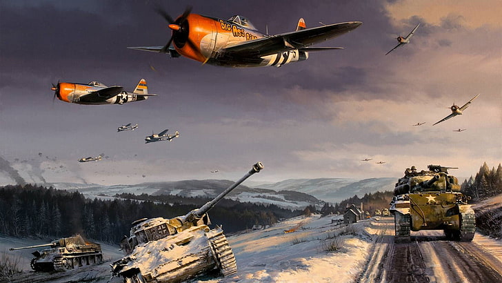 war game application, figure, art, Lightning, Thunderbolt, World War II, Sherman, P38, the battle for the Ardennes, P47, HD wallpaper