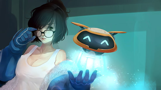 animated woman illustration, anime, anime girls, Overwatch, Mei (Overwatch), cleavage, glasses, short hair, HD wallpaper HD wallpaper