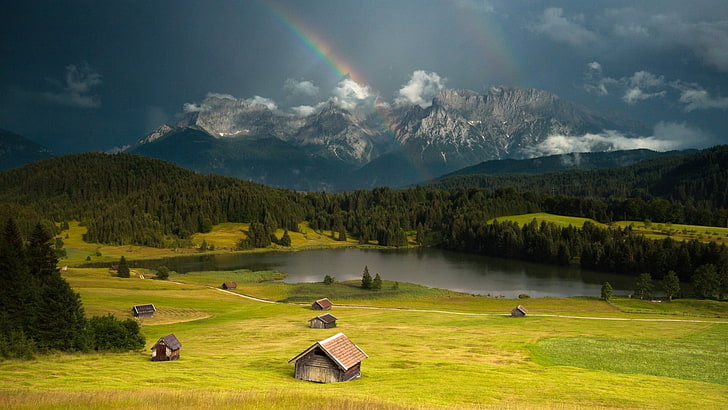 green grass field, rainbows, hills, forest, cottage, grass, lake, clouds, sky, HD wallpaper