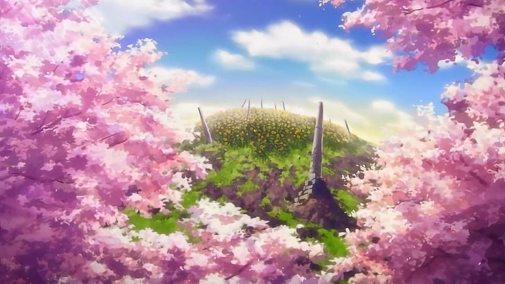 anime, flores, cereza, nubes, flor, colinas, rayos, sol, árbol, Fondo de pantalla HD