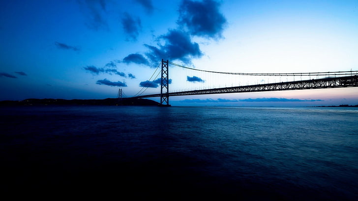 jembatan beton hitam, jembatan, biru, laut, langit, Wallpaper HD