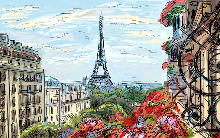 Eyfel Kulesi illüstrasyon, Eyfel Kulesi, Paris boyama, resim, Fransa, Paris, Eyfel Kulesi, bina, çiçekler, çizim, resmi, HD masaüstü duvar kağıdı