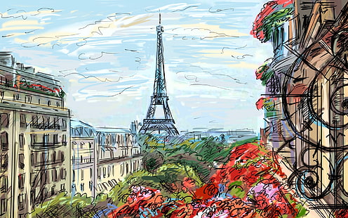 エッフェル塔の図、エッフェル塔、パリの絵画、絵画、フランス、パリ、エッフェル塔、建物、花、図面、アートワーク、 HDデスクトップの壁紙 HD wallpaper
