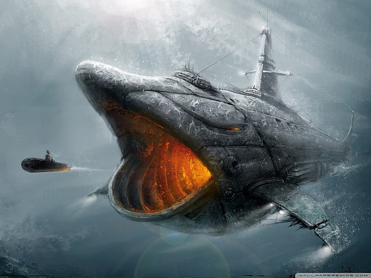 ungepaarte schwarze Ledersandale mit hohen Absätzen, digitale Kunst, U-Boot, Meer, HD-Hintergrundbild