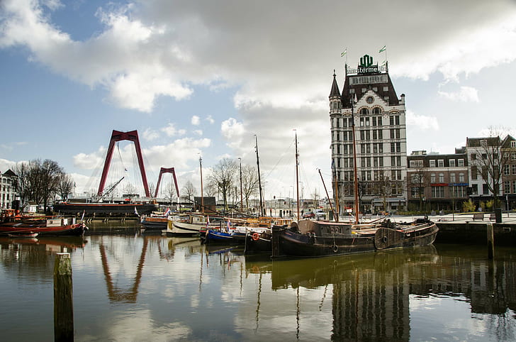 bridge, cc0, harbor, public domain, reflection, rotterdam, skyline, water, willemsbrug, HD wallpaper