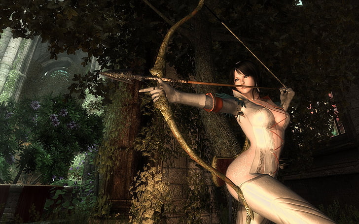 черноволосая женщина с луком обои, фэнтези, лучник, стрела, лук, The Elder Scrolls IV: Oblivion, Woman, HD обои