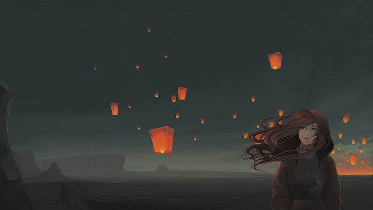 red haired woman wallpaper, sky lanterns, windy, original characters, night, HD wallpaper