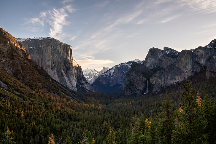 photography of rock mountains during daylight, Sunrise, Tunnel View, photography, rock, mountains, daylight, sky, Sony A7RII, ILCE-7RM2, CA  e, fe, alpha, sunset, hiking, west coast, rocks, california, f4, landscape, outdoor, Zeiss, ILCE-7, 16mm, nature, Vario-Tessar, ZA, yosemite, trees, mountain, clouds, waterfall, yosemite national park, tunnel  view, half  dome, half dome, yosemite falls, vernal falls, sentinel rock, nevada falls, sentinel dome, dome  cathedral, cathedral rock, bridalveil falls, el capitan, merced river, high dynamic range, hdr, high  dynamic  range, scenics, forest, outdoors, mountain Peak, tree, HD wallpaper
