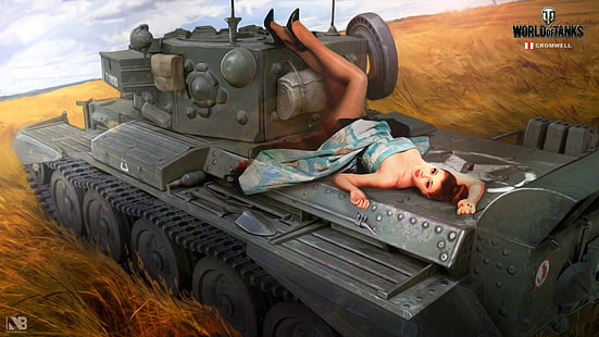 World of Tanks game cover, field, girl, figure, art, tank, ears, British, average, World of Tanks, Cromwell, Nikita Bolyakov, HD wallpaper HD wallpaper