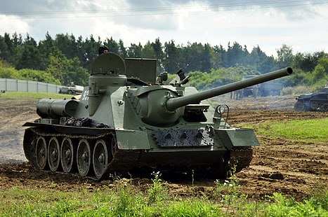 tank tempur hijau, pejuang, perang, instalasi, Soviet, SU-100, (SAU), artileri self-propelled, periode, tank, dunia, Kedua, Wallpaper HD HD wallpaper