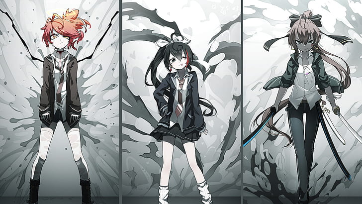 meninas anime, uniforme escolar, personagens originais, colagem, HD papel de parede