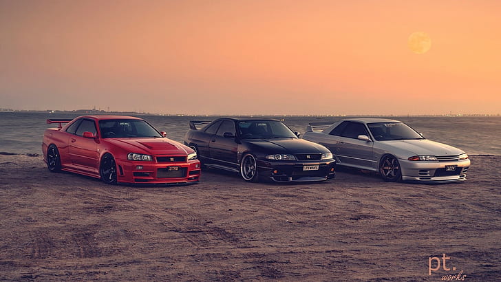 نيسان سكاي لاين GT-R R34 ، نيسان سكاي لاين GT-R R33 ، نيسان سكاي لاين GT-R R32 ، نيسان سكاي لاين ، نيسان ، السيارات اليابانية ، جي دي إم ، السيارات الحمراء ، السيارات الأرجواني ، السيارات الفضية ، الشاطئ ، غروب الشمس ، الرمال ، السيارة ، السيارة، خلفية HD