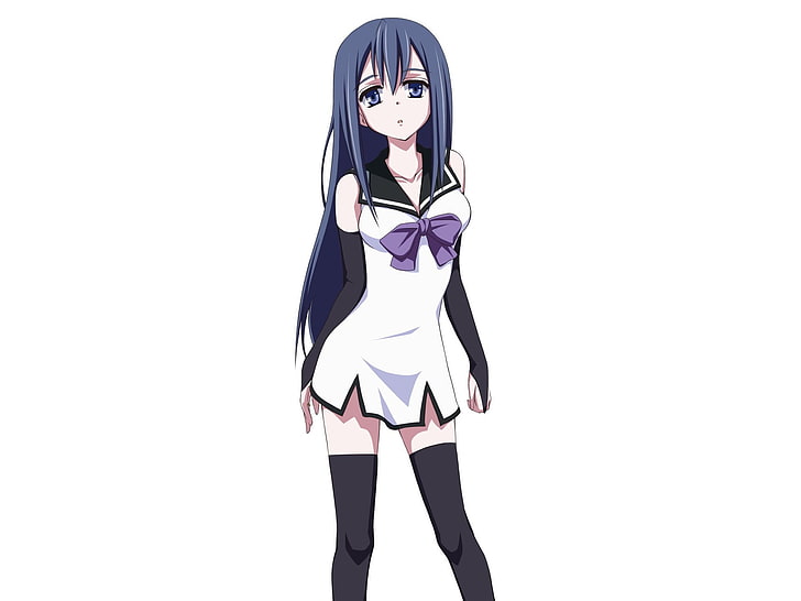 female anime character with blue hair illustration, Gokukoku no Brynhildr, Neko Kuroha, anime girls, thigh-highs, white background, Brynhildr in the Darkness, HD wallpaper