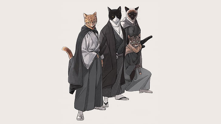 котки, Япония, самураи, кимоно, прост фон, катана, HD тапет