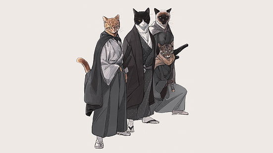 кошки, япония, самурай, кимоно, простой фон, катана, HD обои HD wallpaper