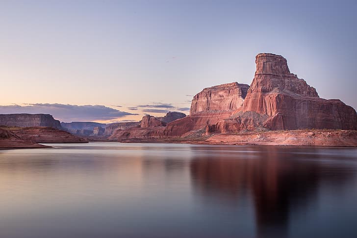 desert, river, canyon, nature, landscape, sunset, cliff, Utah, USA, lake, reflection, HD wallpaper