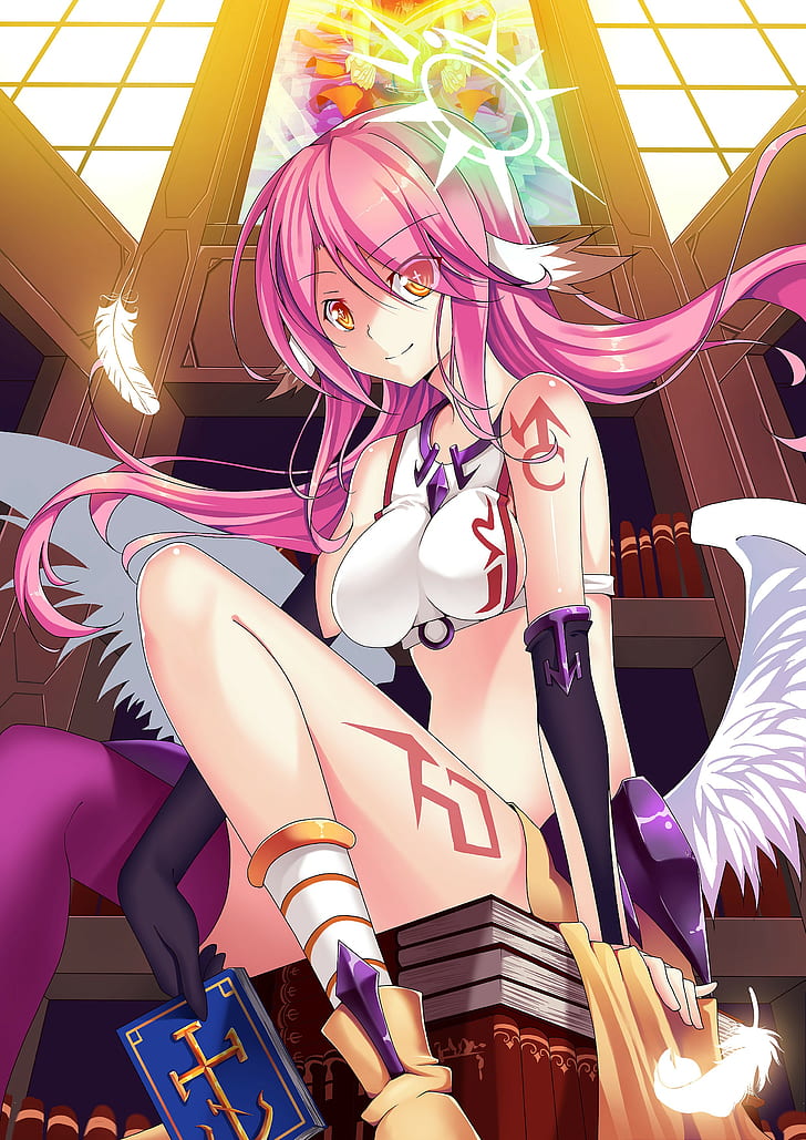 female anime character digital wallpaper, No Game No Life, Jibril, pink hair, wings, HD wallpaper