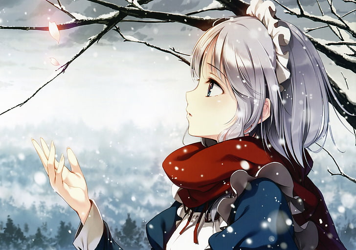 ilustração feminina de cabelos brancos, Touhou, Izayoi Sakuya, meninas anime, inverno, neve, bruxa, avental, cabelos grisalhos, touca, empregada, pétalas, cachecol, videogames, HD papel de parede