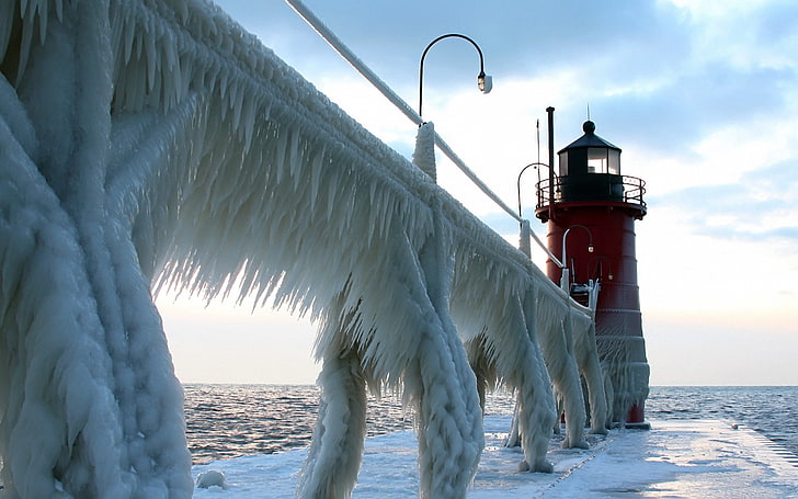 red lighthouse, beacon, icicles, ice, cold, burning, HD wallpaper