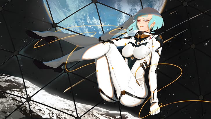 Lucy (Edgerunners), Cyberpunk: Edgerunners, Weltraum, Mond, Erde, Sterne, kurzes Haar, mehrfarbiges Haar, Anime-Mädchen, Cyberpunk, HD-Hintergrundbild