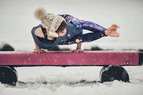 kobiety, joga, śnieg, Azjatki, boso, Tapety HD HD wallpaper