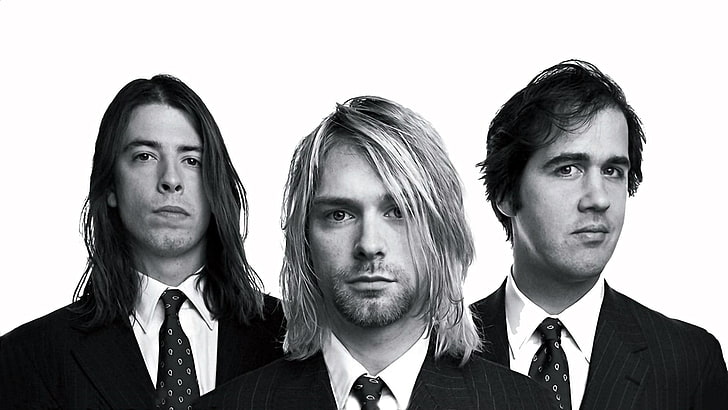 photo en niveaux de gris d'un groupe d'hommes, Nirvana, Kurt Cobain, Dave Grohl, Krist Novoselic, Fond d'écran HD