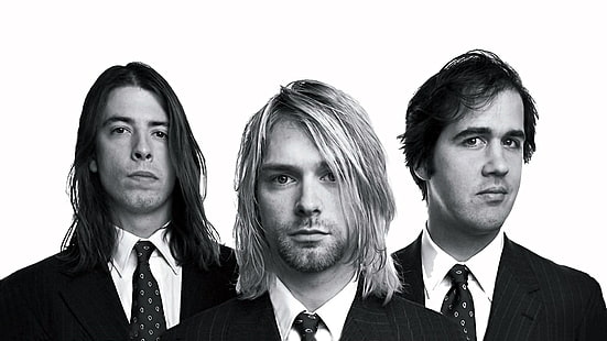 foto in scala di grigi del gruppo di uomini, Nirvana, Kurt Cobain, Dave Grohl, Krist Novoselic, Sfondo HD HD wallpaper