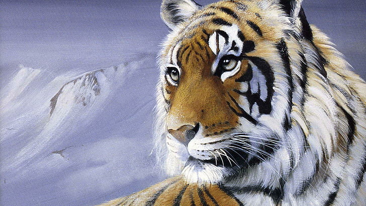 Лицо тигра, тигр, детёныши, большие кошки, горы, природа, живая природа, маленькие кошки, львы, снег, леопарды, ягуар, животное, HD обои