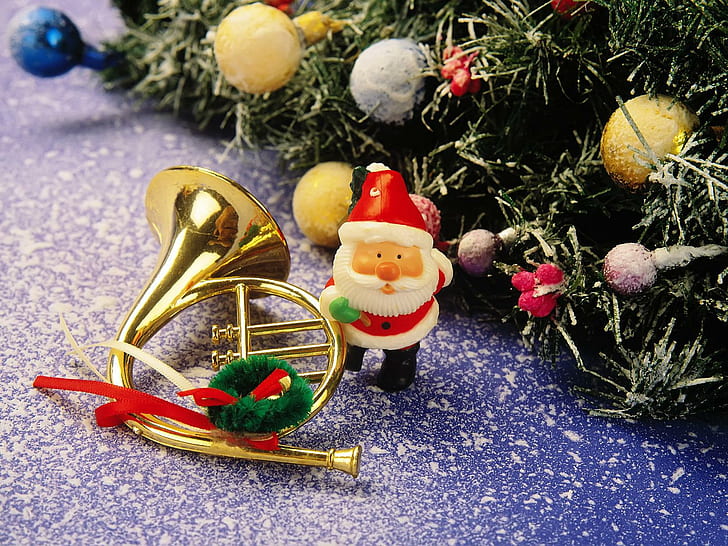 christmas tree, toys, santa claus, trumpet, christmas, snow, christmas tree, toys, santa claus, trumpet, christmas, snow, HD wallpaper