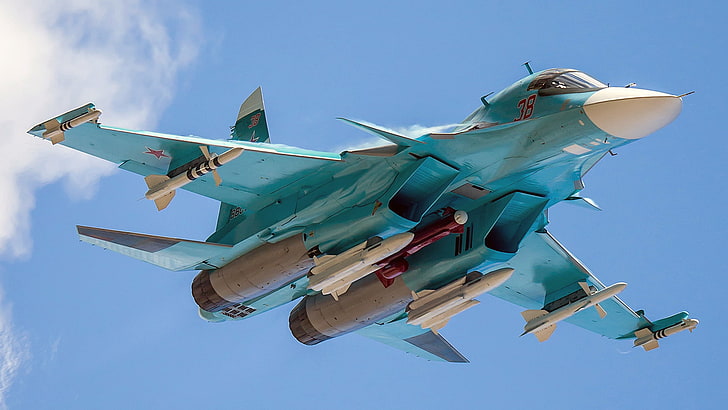 طائرة مقاتلة زرقاء وبيضاء ، الطائرة ، مفجر ، مدرعة ، Su-34 ، Sukhoi ، مؤتمرات الفيديو روسيا ، قاذفة روسية متعددة الأدوار، خلفية HD