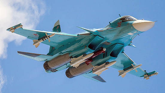 blue and white fighter plane, The plane, bomber, Fullback, Su-34, Sukhoi, Videoconferencing Russia, Russian multi-role fighter-bomber, HD wallpaper HD wallpaper
