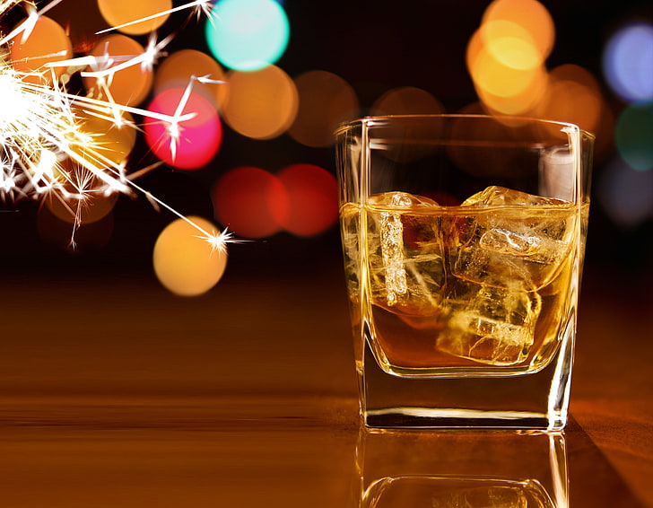 glass, whiskey, lights, ice cubes, HD wallpaper