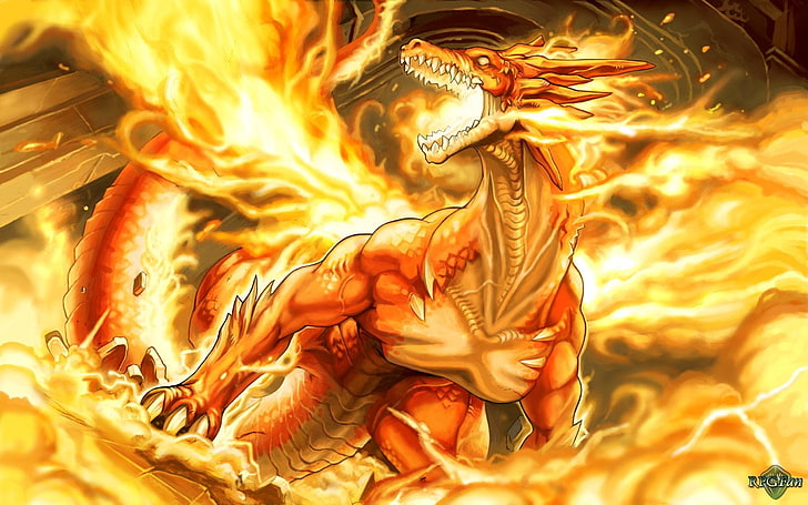 червен дракон анимирана илюстрация, фентъзи, дракон, HD тапет